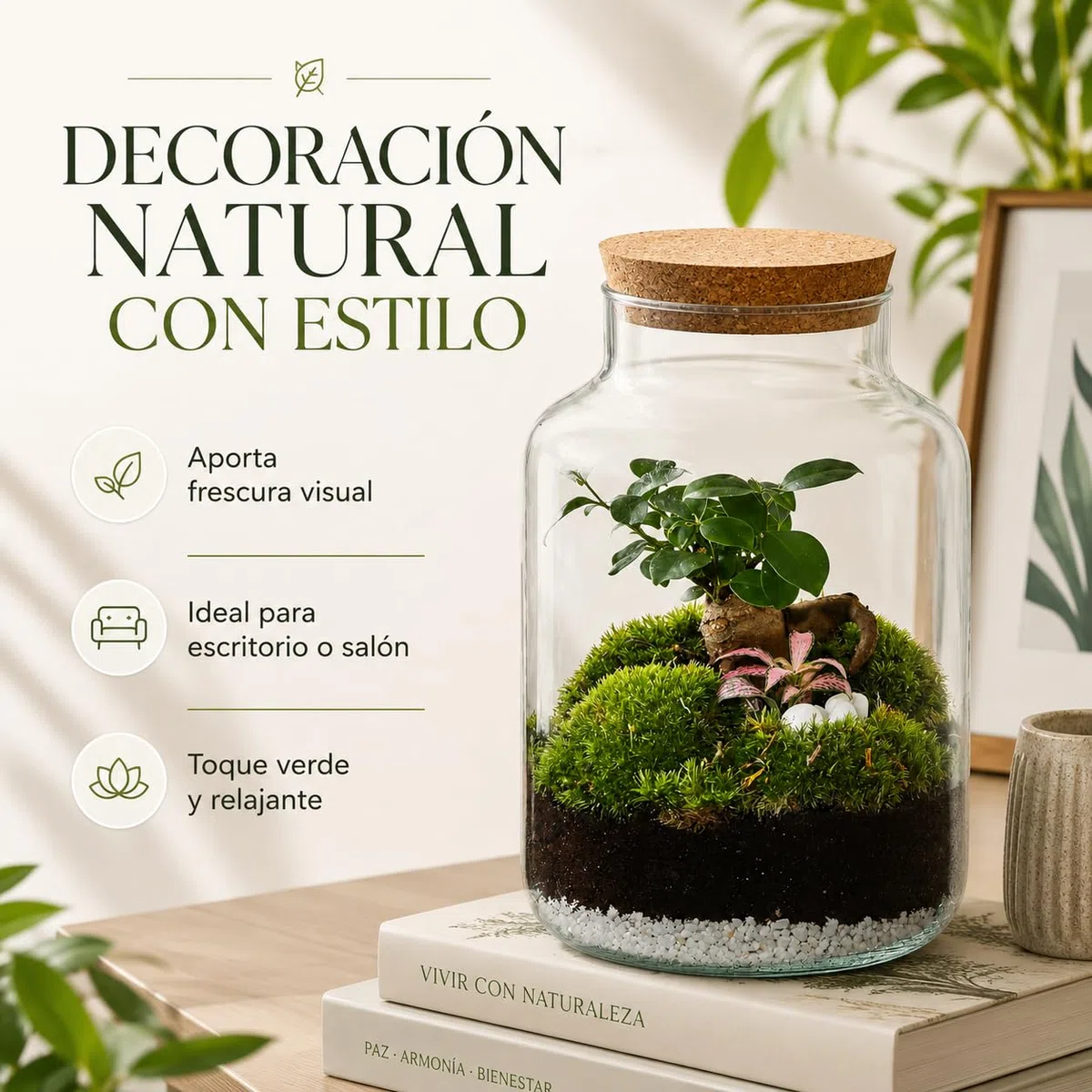 Kit Terrario Plantas DIY sin Plantas Naturales - Botella de Vidrio con Tapa de Corcho, Sustrato Natural, Piedras Blancas y Piedras Volcánicas - Jardín en Botella Decorativo para Interior