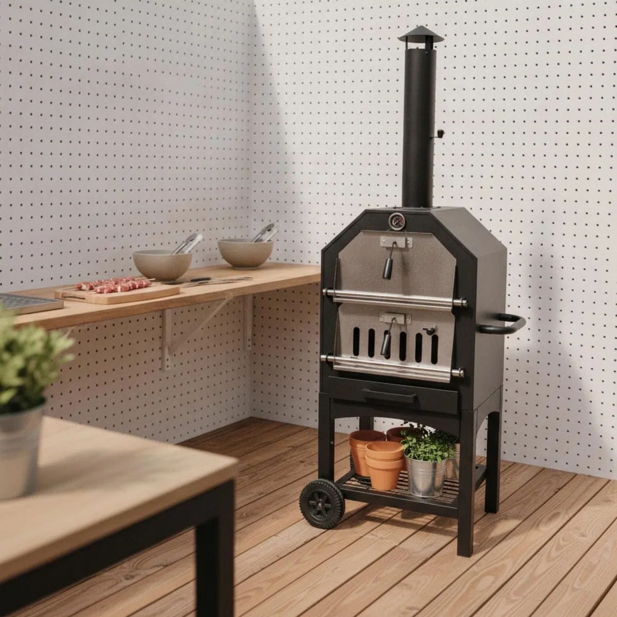Gralara Parrilla de Carbón Vegetal para Barbacoa Barbacoa Asador Ahumador con Cuerpo Vertical y Chimenea Alta Metal y Acero Inoxidable con Asa Lateral Rueda y