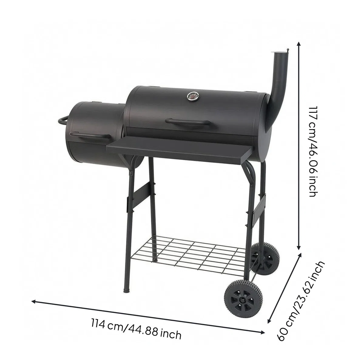 Parrilla de Barbacoa Exterior Parrilla Barbacoa Ahumador Carbón Madera con Cámara Principal y Lateral Integrado y Chimenea Carro con Ruedas y