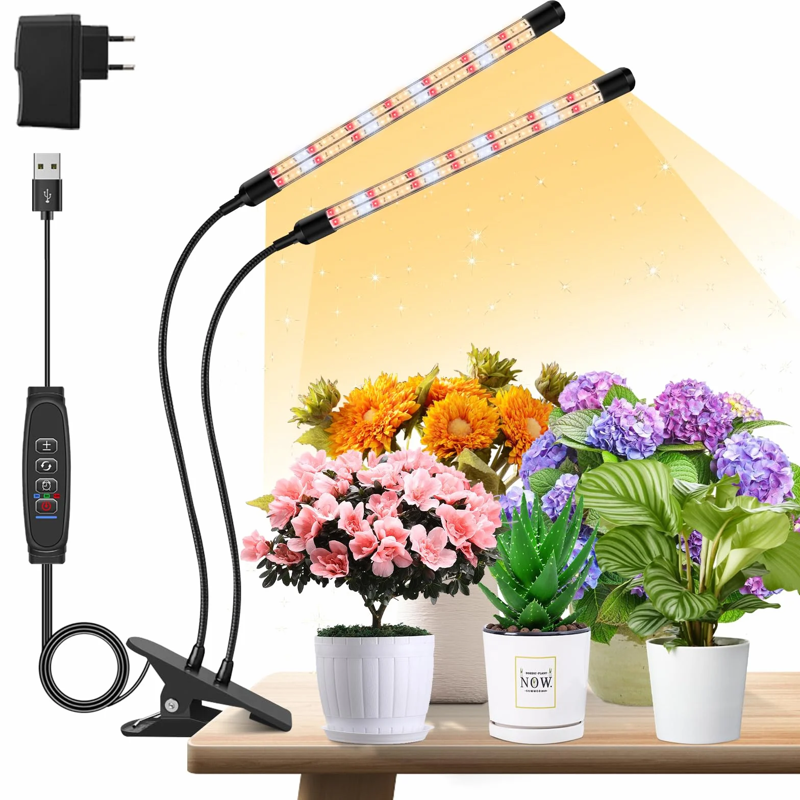 2 cabezas de luces de plantas, V-Shape crecer luces para plantas de interior, de espectro completo crecer luces con clip, automático ON & OFF temporizador 3/9/12H