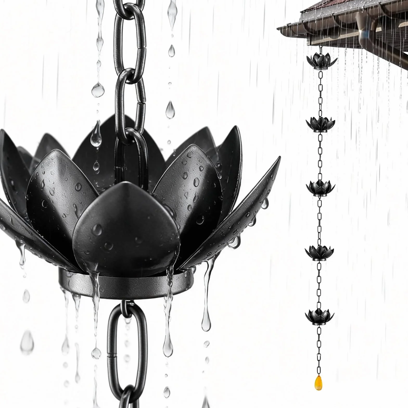 Cadena De Lluvia, 1,2 M Negra para Drenaje De Agua De Lluvia Cadena De Hierro con Forma De Loto para DecoracióN Exterior del Hogar Y JardíN Drenaje Eficiente De Agua De Lluvia