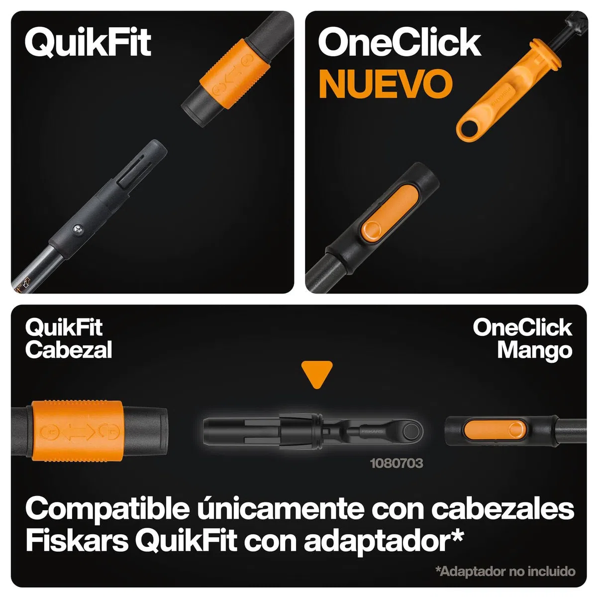 Fiskars OneClick Mango L, Mango universal para herramientas de jardín, Cambio sin esfuerzo con un solo clic, Adaptador QuikFit disponible por separado, 161 cm, Aluminio ligero, Negro/Naranja, 1080547
