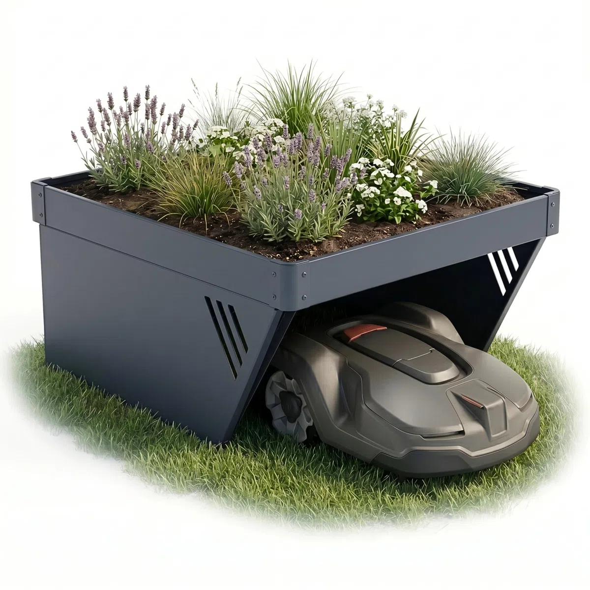 Graviers Garaje para robot cortacésped con jardinera, antracita RAL 7016, techo para robot de césped, protección solar y protección contra la lluvia, acero 60 x 70 x 39,6 cm