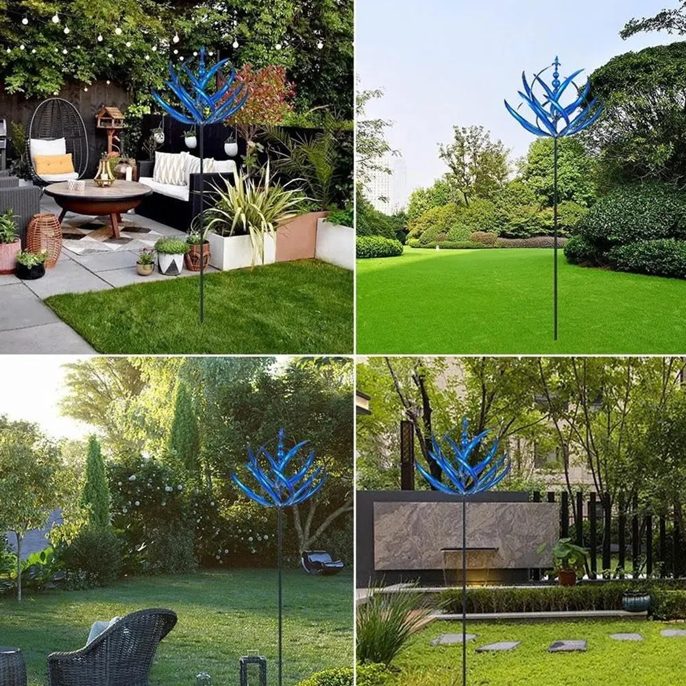 Molinillo de viento giratorio de metal con estacas de jardín, molino de viento de hierro para decoración de césped y jardín, molinillo de viento de jardín, esculturas de jardín de metal (azul)