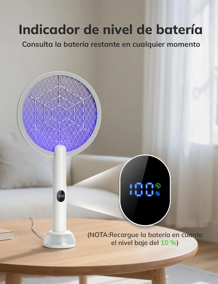 YISSVIC Raqueta Mosquitos Electrica Mata Mosquitos Electrico 3 en 1 con Base de Luz 4000V 1800mAh Recargable USB-C Matamoscas Electrico de Luz UV- Blanco