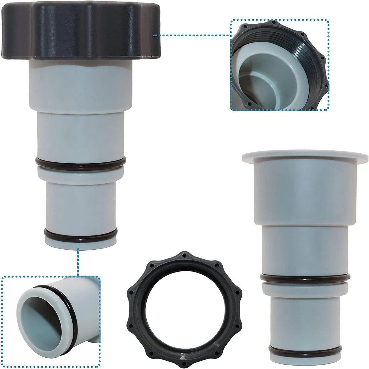 MEISO Adaptador de piscina de 4 piezas, adaptador de manguera serie Intex A con rosca, manguera de diámetro 1,5 pulgadas y 1,25 pulgadas, adaptador de bomba para juegos de piscina