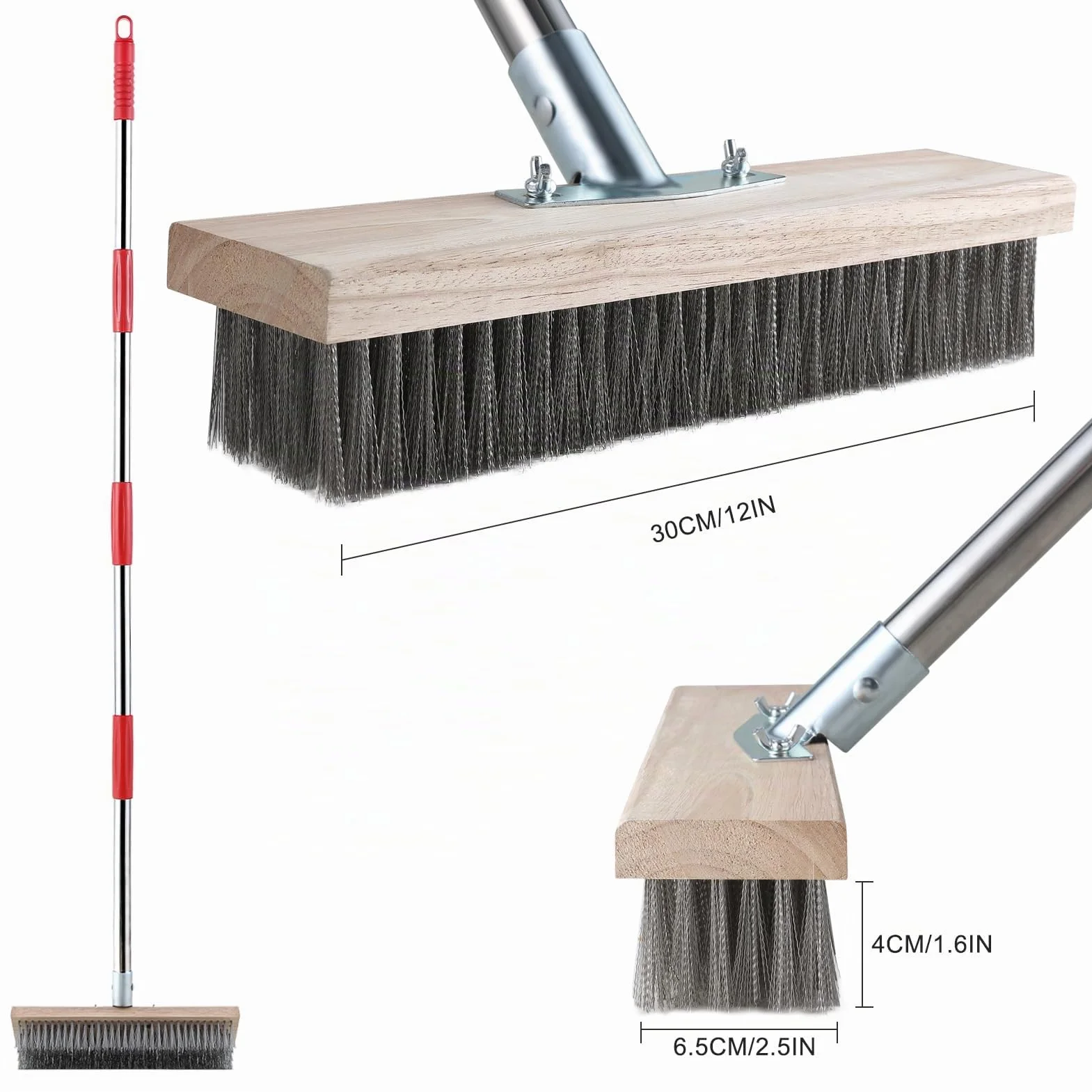 Mitclear Escoba de Alambre con Mango Telescópico (145cm), Cepillo de Cerdas de Metal Rígido para Eliminar de Musgo, Malas Hierbas y Manchas Difíciles, Escoba de Exterior para Patio, Terraza, Jardín