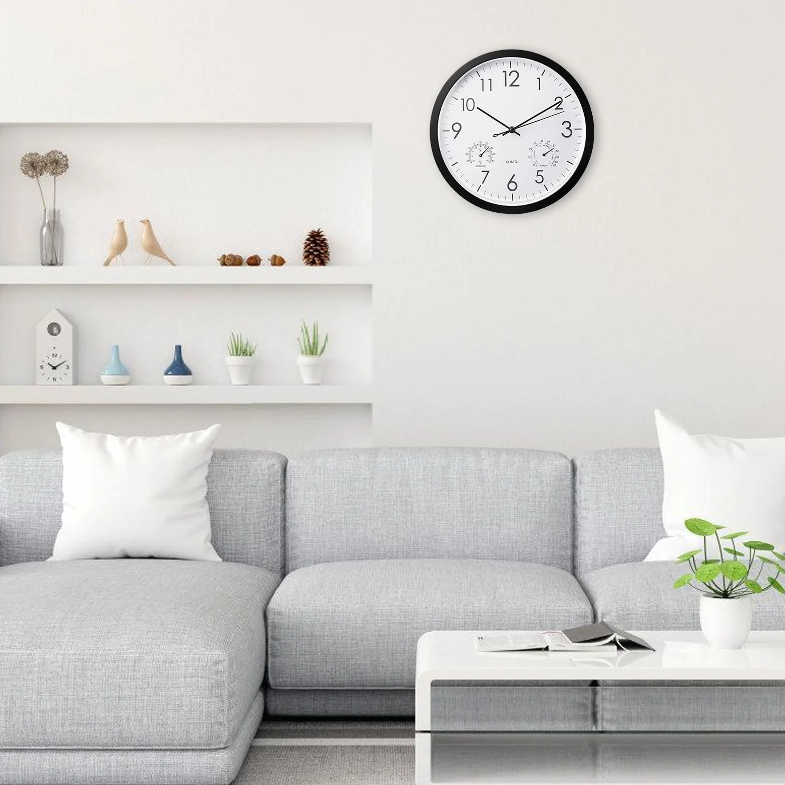 BORDEAG 12 Pulgadas Reloj De Pared, Relojes De Jardín con Termómetro Y Medidor De Humedad, Reloj De Pared Impermeable, Reloj De Jardín Exterior, para Cocina, Dormitorio, Oficina En Casa