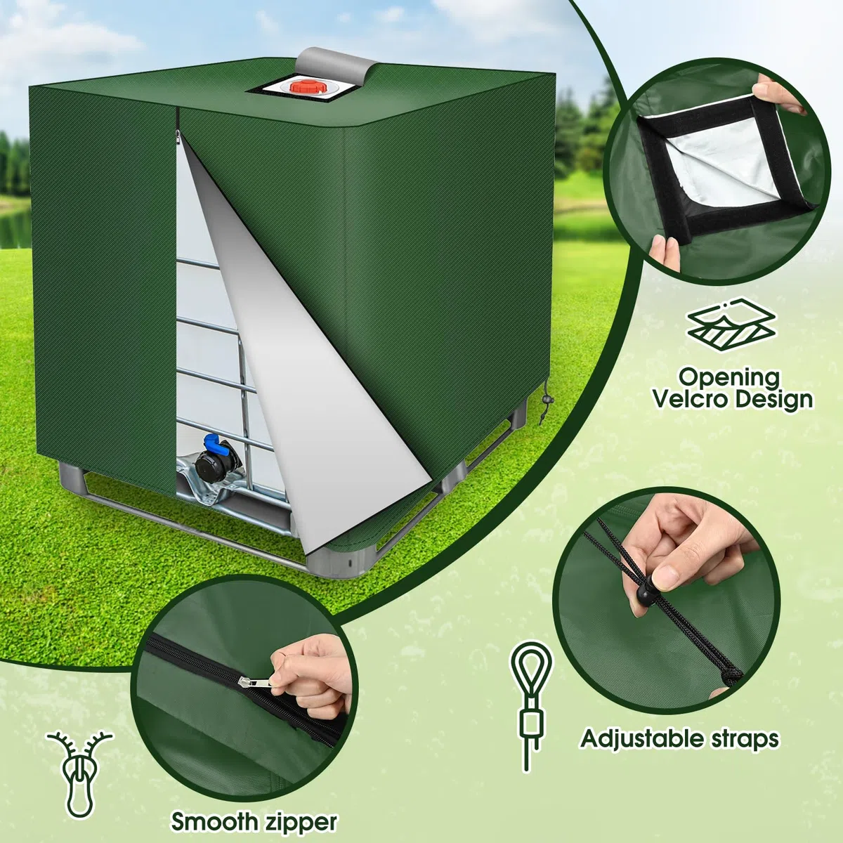 Ulikey Cubierta para Tanque IBC 1000L, 120 x 100 x 116 cm, Cubierta Funda Deposito, 420D IBC Tank Cover con Cremallera, Cierre de Cubierta Protectora Anti-UV para Tanque de Agua (Verde)