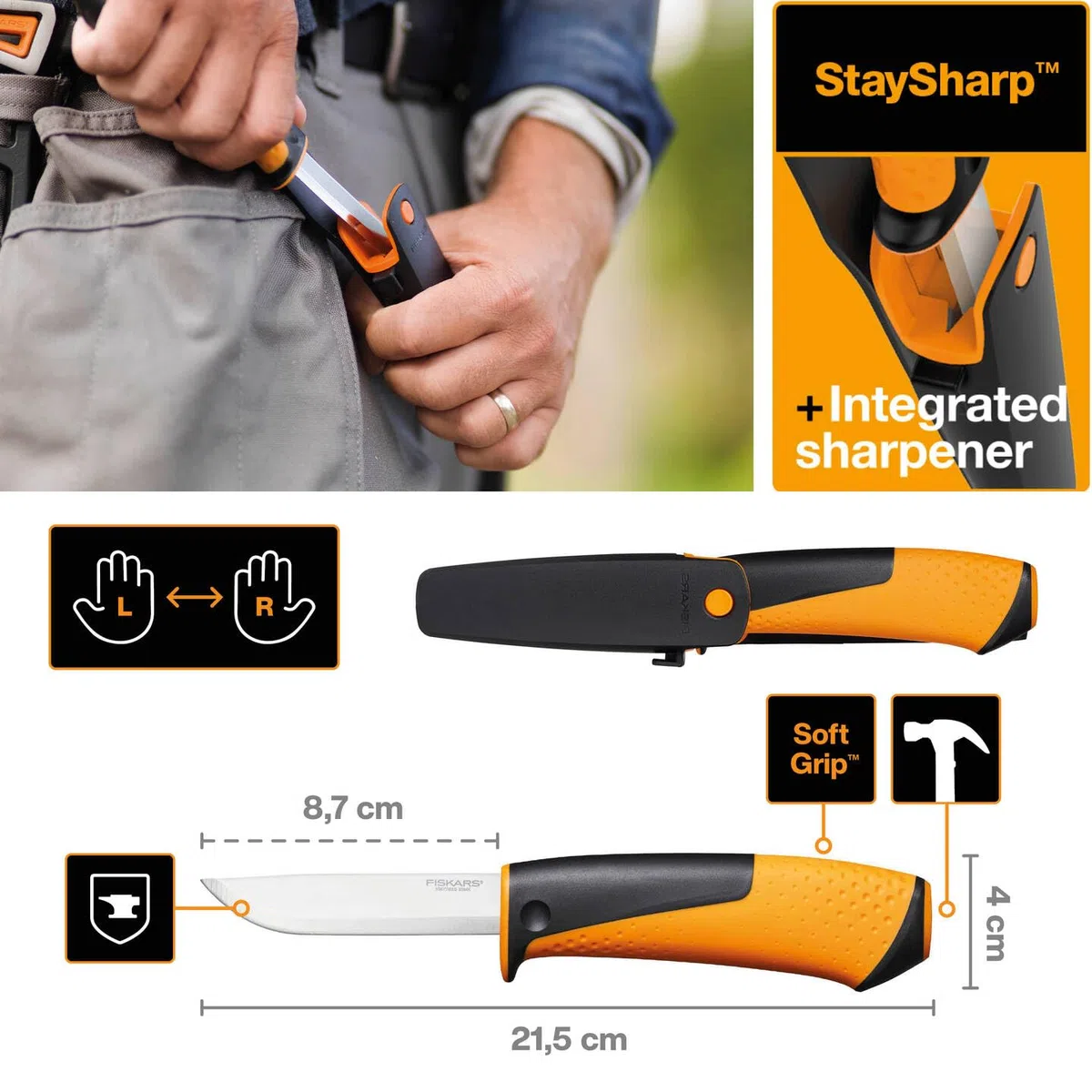 Fiskars Cuchillo universal, Incluye funda con afilador, 21,5 cm, Negro/Naranja, 1023618