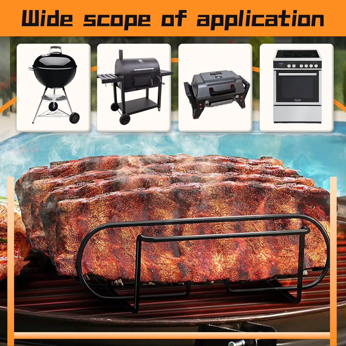 Soporte para Costillas de Barbacoa, Parrilla para Costillas para Barbacoa, Costillas de Res, Hierro Antiadherente, para la Parrilla Soporta hasta 4 Costillas para Accesorios