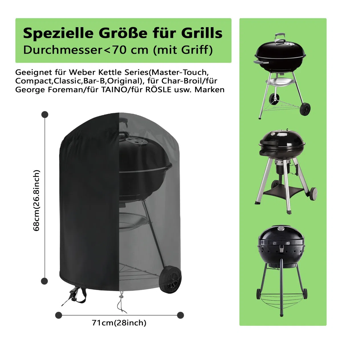 Funda Barbacoa para Weber 57cm, Impermeable Cubierta Barbacoa para Weber Redonda, 420D Oxford Resistente a la Intemperie Funda Barbacoa Exterior (Φ71x68cm)
