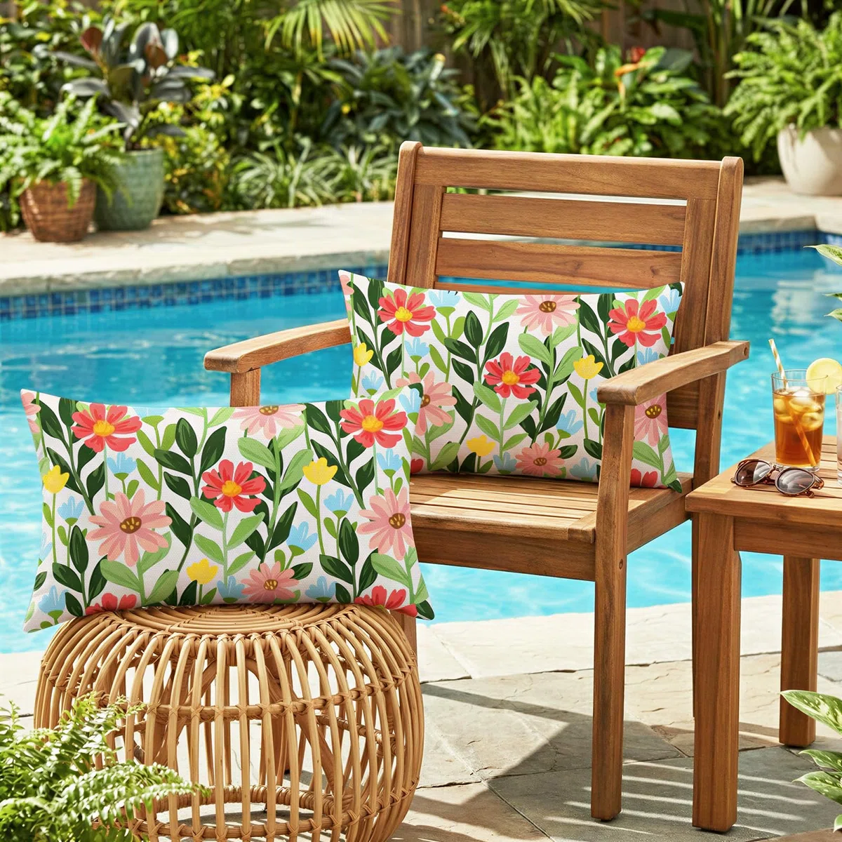 Lewondr Fundas de Cojín al Aire Libre, 2 Piezas Fundas para Almohada Impermeables Florales de Primavera-Verano, Fundas de Cojín Decorativas Rectangulares Exteriores para Jardín, 30x50cm