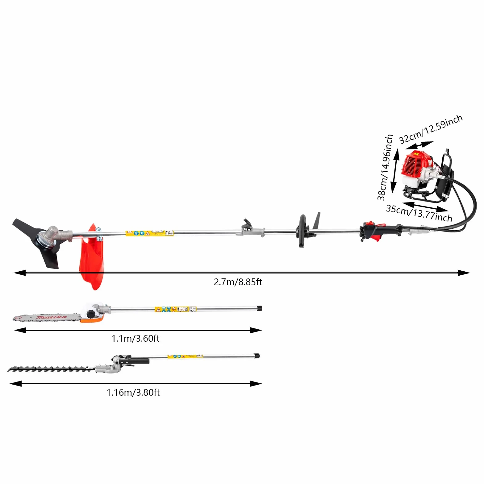 Cortasetos de gasolina, 52 cc, dispositivo multifunción de 2 tiempos, cortasetos telescópico con podadora, desbrozadora, motor de 1,7 kW, barra de extensión de 2,7 m, herramienta de jardín de gasolina