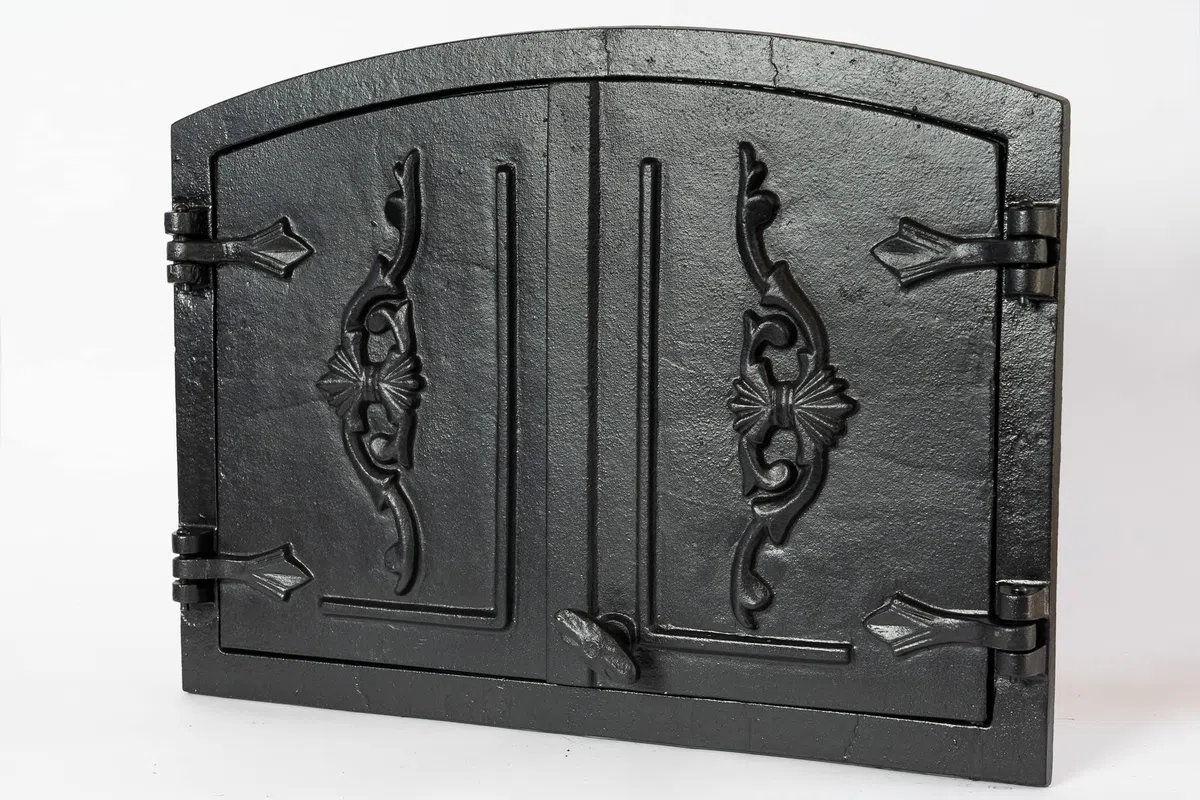 Sezam, Puerta de horno de hierro fundido, puerta de horno de doble puerta con termómetro de 500 C, 55,5 x 41 cm, horno de pan, cocina de jardín y cámara de ahumado, color negro