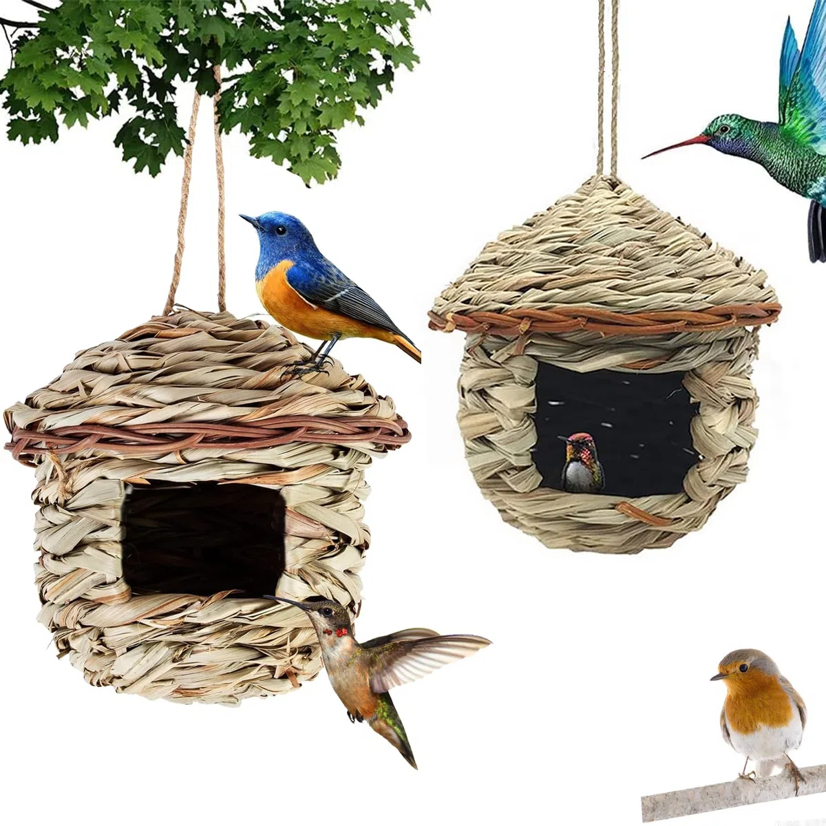 2 Piezas Nido de Pájaros Tejidas a Mano para Exterior, Casita de Paja para Colibríes, Gorriones y Otras Aves Pequeñas