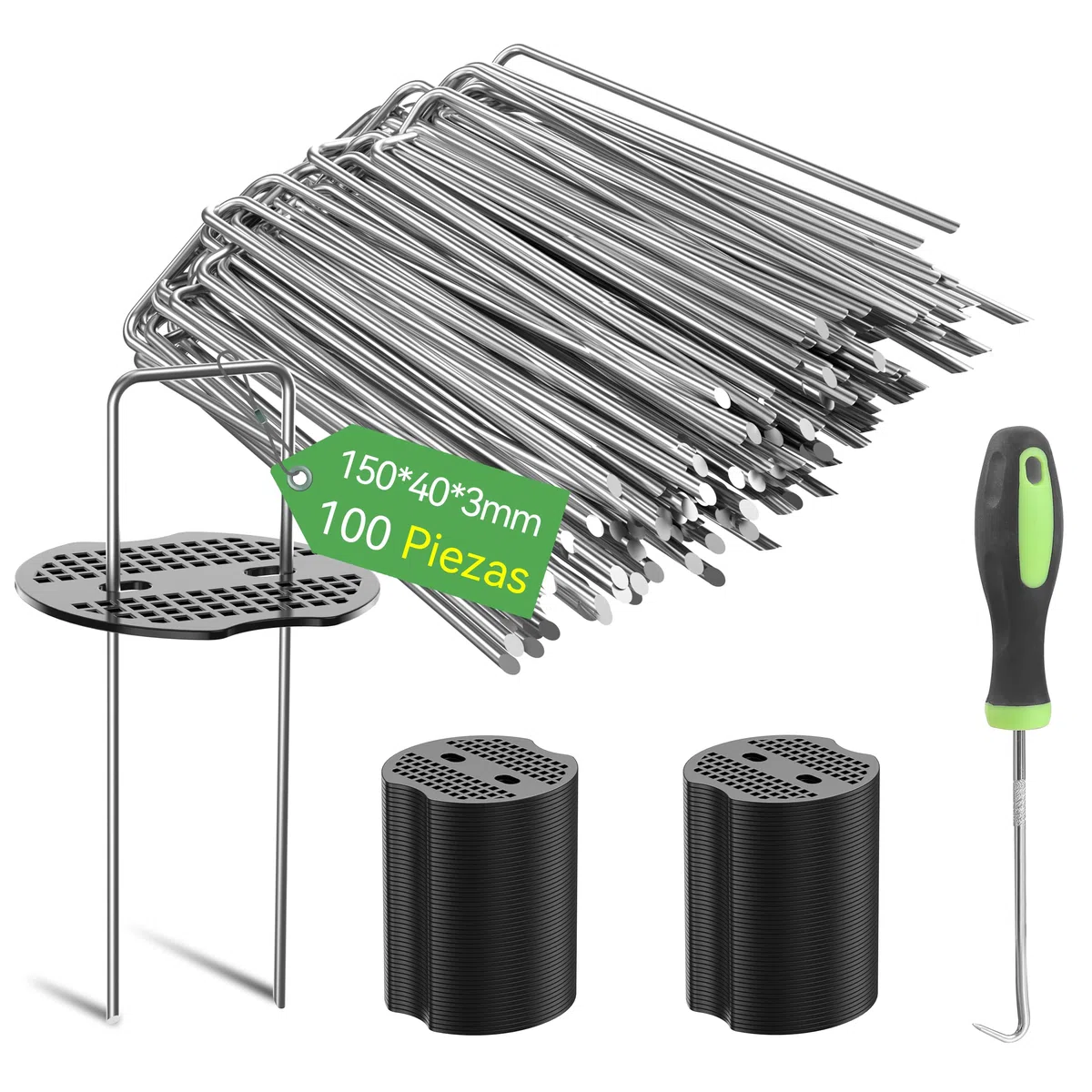 100 Piezas 15cm Ø 3mm Estacas de Jardín Resistentes con 100 Piezas de Junta - Grapas de Acero Galvanizado para Asegurar Telas Antihierba, Redes y Tubos de Riego con 1 Gancho de Selección
