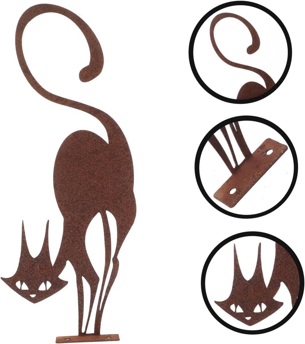 Decoración de valla de metal para gatos, arte de hierro oxidado, silueta de patio al aire libre para decoración de jardín, decoración de césped, arte de jardín de gatos de metal para amantes