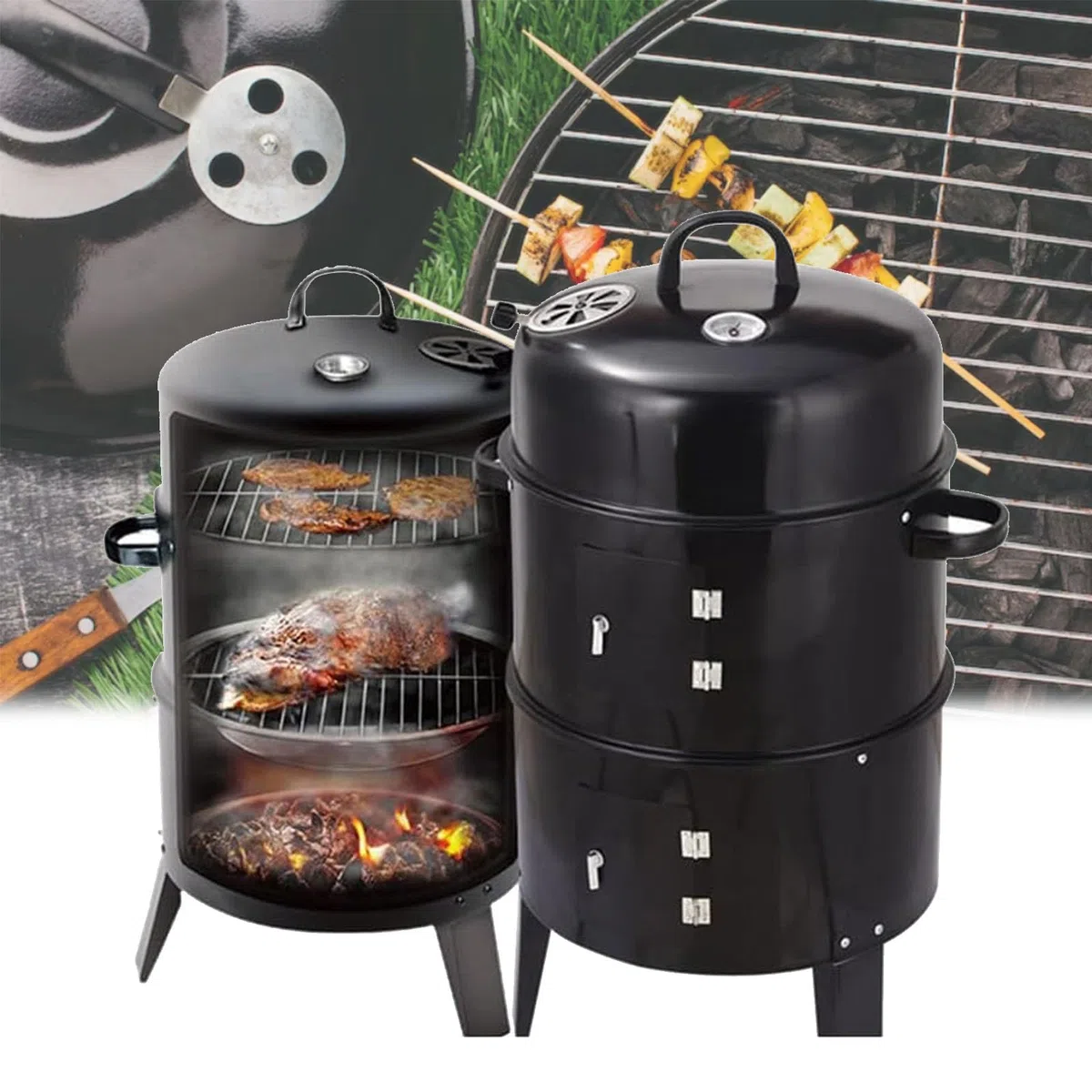 Parrilla ahumadora de carbón, ahumador de barbacoa de acero resistente con control de temperatura, ahumador redondo portátil para carne, pescado y verduras