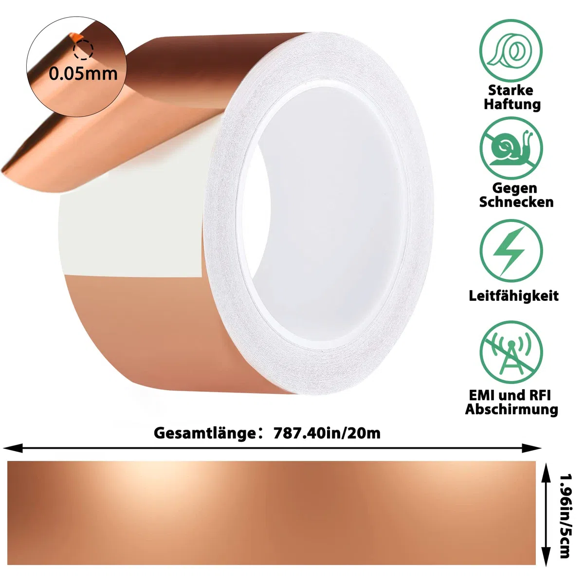 Nepfaivy Cinta de Cobre para Caracoles - Cinta de Cobre Adhesiva 50 mm x 20 m, Barrera Física para Babosas en Macetas, Parterres y Huerto, Lámina Conductora para Guitarra y Manualidades