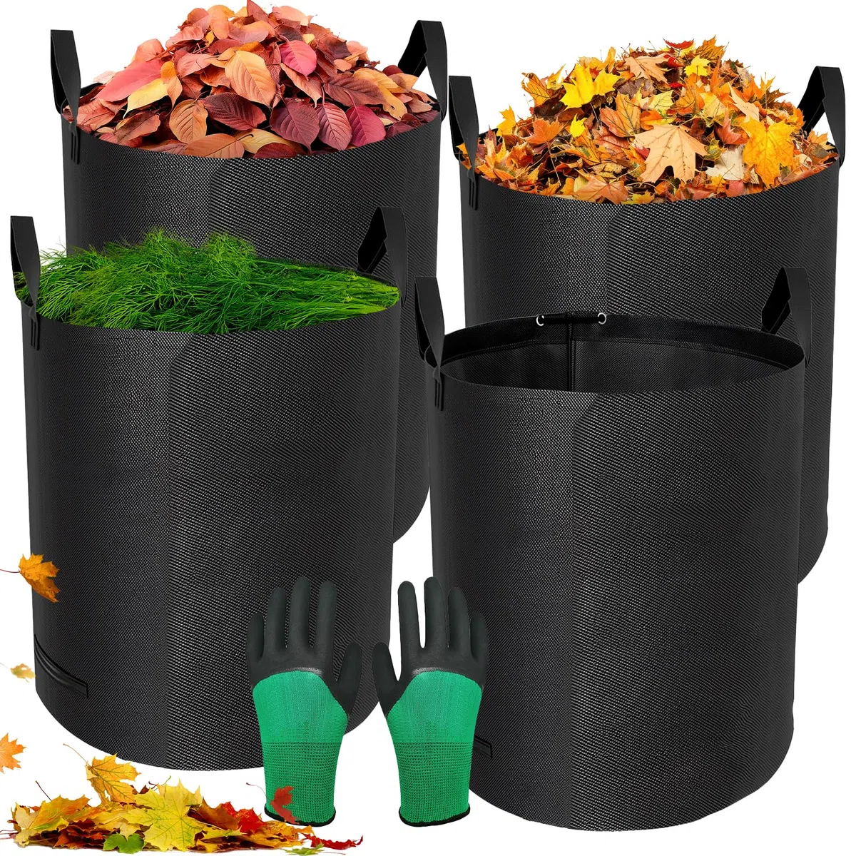 Jardineria de Sacos, 4 x 272L Jardim Sacos, Incl Guantes, 4 Asas, Impermeables, Bolsas para Hojas Plegables, Plegables y Reutilizables, para Hojas, Maleza, Basura