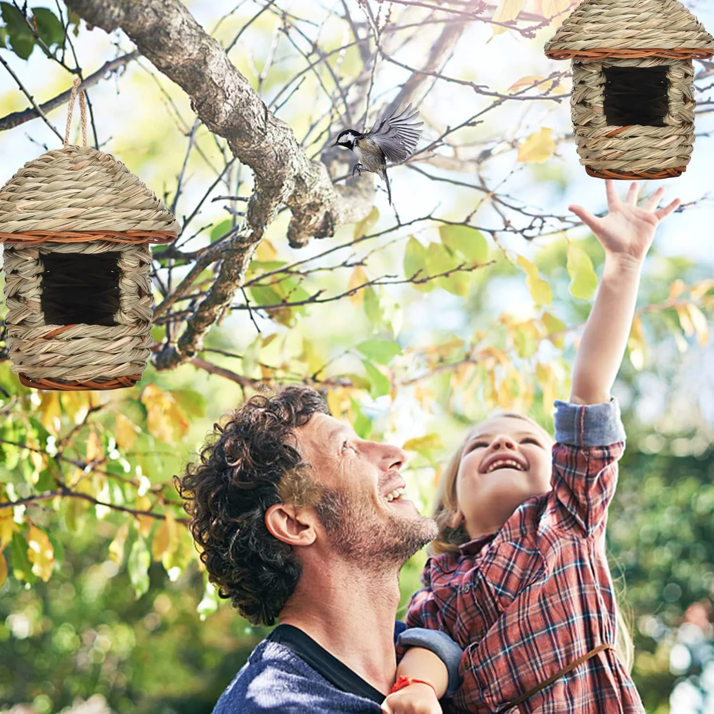 2 Piezas Nido Pajaro, Casita Pajaros Exterior, Nido Pajaros Tejidas a Mano, Nidos de Pajaro Exterior, Casa de PáJaros de Paja para Colibríes, Gorriones y Otras Aves Pequeñas