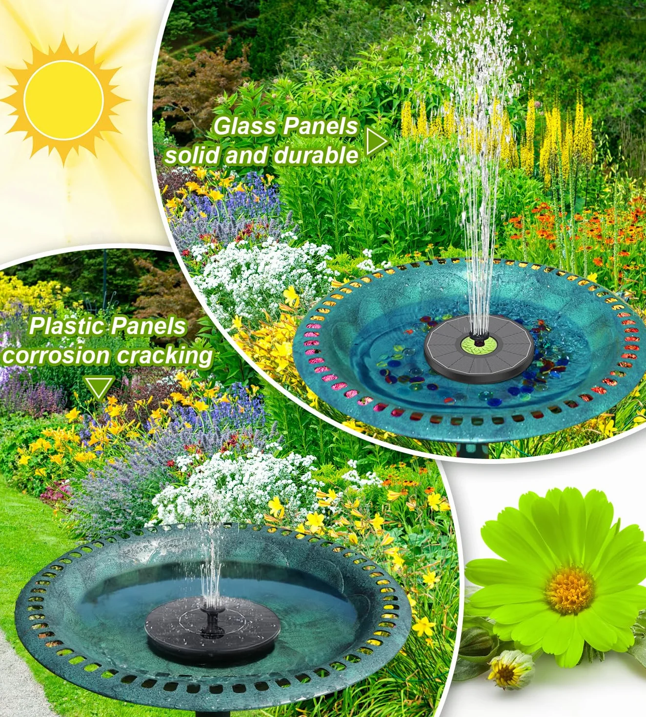SZMP Fuente Solar 3.5W, Bomba de Agua Solar Vidrio con 7 Boquillas & 4 Fijadores Fuente para Estanque para Jardín, Estanque, Exterior, Baño de Pájaros, Recipiente para Peces (Negro)