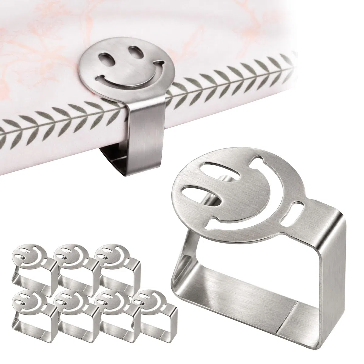 Sujeta Manteles de Mesa Pinzas para Mantel 8Pcs Acero Inoxidable 304 Antideslizante Reutilizable para Familia Camping Jardín Terraza Playa Cocina Exterior Clips Mesa Diseño Sonriente