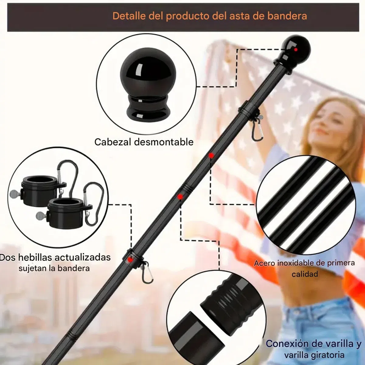 Mástil De Bandera Para Exterior | Con Anillos Giratorios De 360° De Acero Inoxidable De 180 Cm | Para Bandera Y Estandarte De Porche Exterior - Para Porche Garaje Jardín Patio Valla Residencial