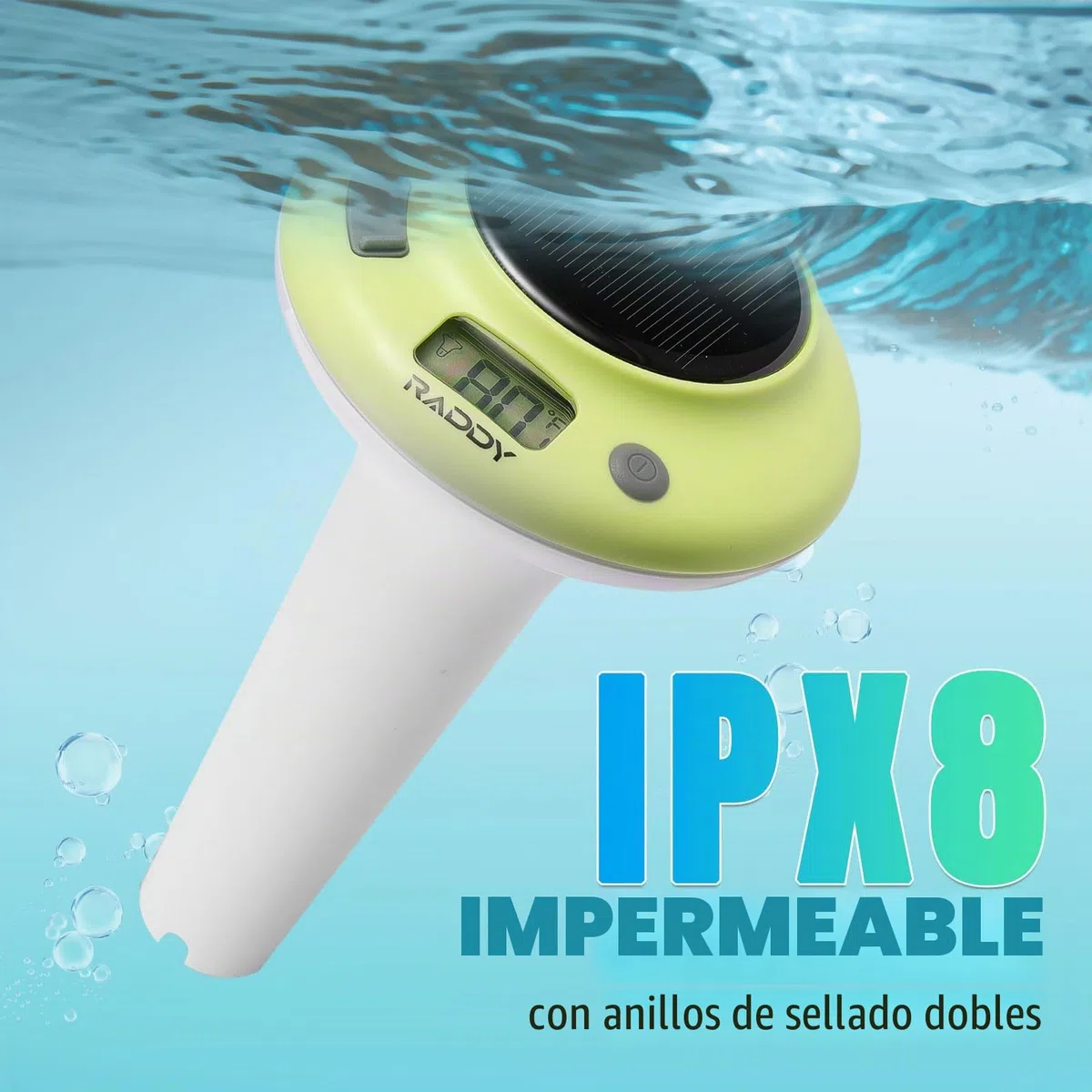 Termómetro flotante para piscina Raddy PT-5, energizado por sol y batería, IPX8, resistente al agua, fácil de leer, digital para piscina, jacuzzi, tubos fríos, estanques