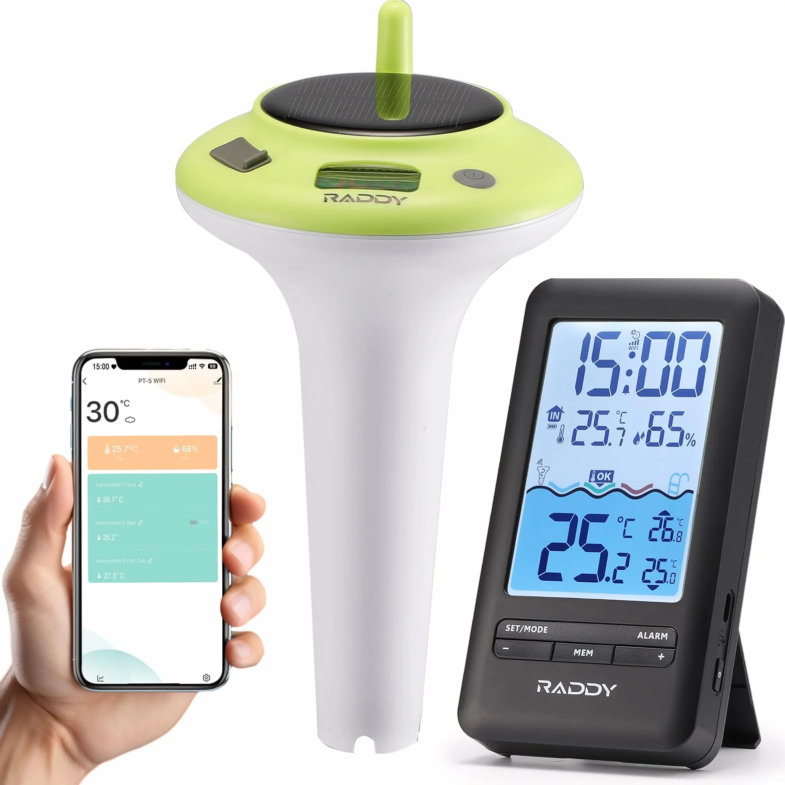 Raddy PT-5 WIFI Termómetro de piscina, Sensor flotante inalámbrico, consola interior, Monitoreo remoto por aplicación, IPX8, recargable con energía solar y USB-C, para piscina, jacuzzi