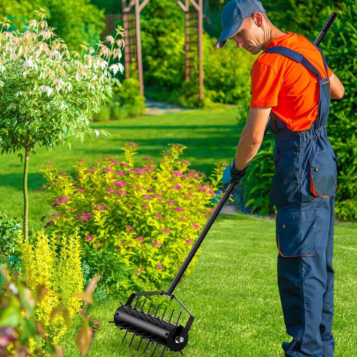 Rodillo aireador manual para césped, púas de acero resistente para airear el suelo sin esfuerzo, ideal para el mantenimiento de jardines y patios