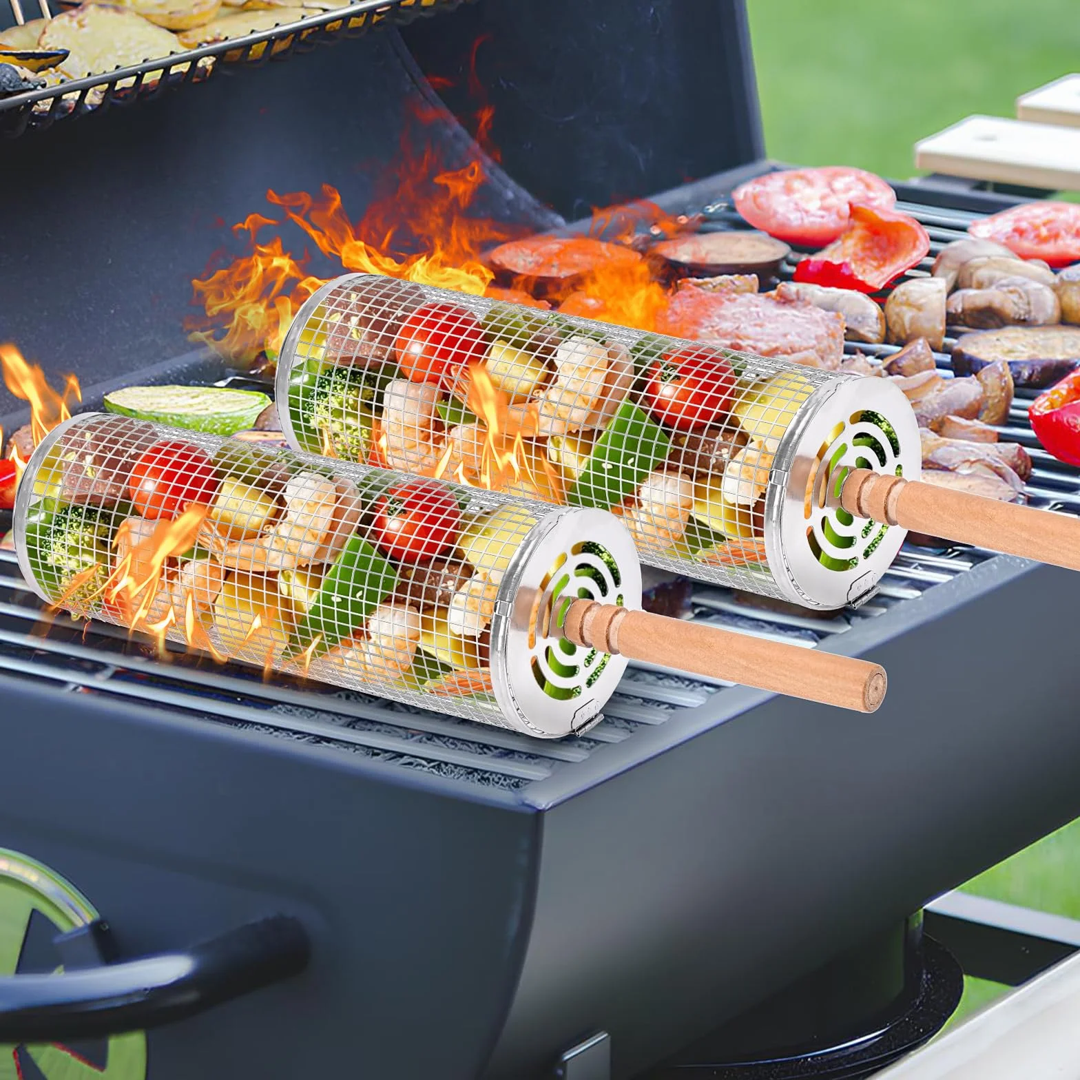 Paquete de 2 cestas rodantes para barbacoa, cesta para barbacoa de acero inoxidable con mango de madera, cesta giratoria para barbacoa, accesorios para barbacoa para acampar al aire libre