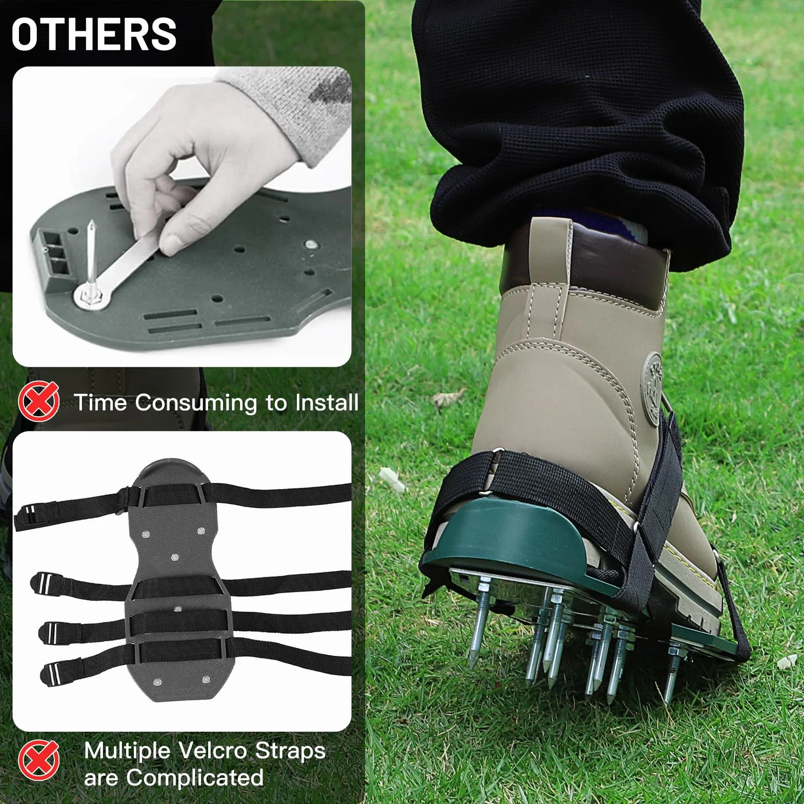LALAGO 1 par Zapatos Aerador de Cesped Verde, Sandalias Césped Zapatos con Puntas Talla Universal Manual, Suela con Clavos con Pala y Clavos para Zapatos Aireación para Ventilar Patio y Jardín