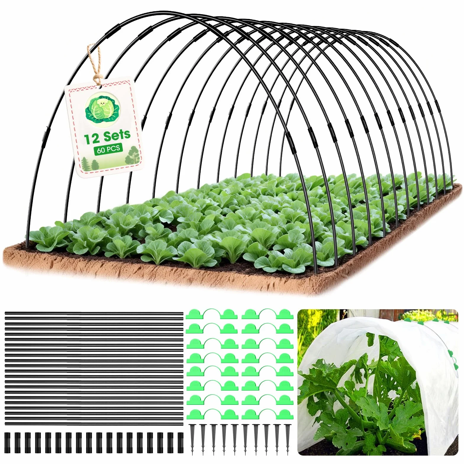 Plant Tunnel 60 Piezas Aros de Invernadero para Camas elevadas,12 Juegosaros de Soporte de Fibra de Vidrio Desmontables, Aros, túneles de Cultivo, Aros de jardín, Aros de Invernadero