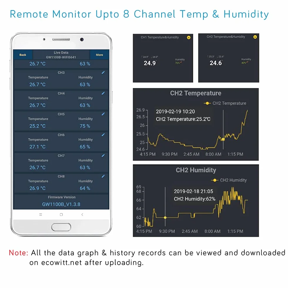 Ecowitt Termómetro digital inalámbrico higrómetro Monitor - Medidor de humedad de temperatura interior y exterior, sensor multicanal WH31 LCD (1 PC) para oficina en casa