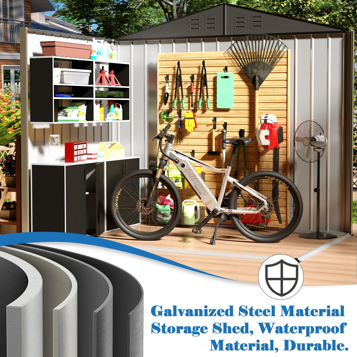 Cobertizo de almacenamiento para exteriores, cobertizo de almacenamiento de metal de 6 x 4 pies con estructura de marco actualizada y puertas con cerradura, cobertizo impermeable para patio,