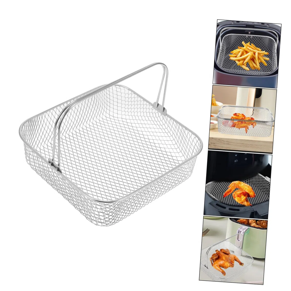 Kichvoe Cesta con Asa para Extracción Fácil de Freidora de Aire Cuadrada de Acero Inoxidable y Cocción Saludable para Cocinar Papas Fritas y Pollo Frito