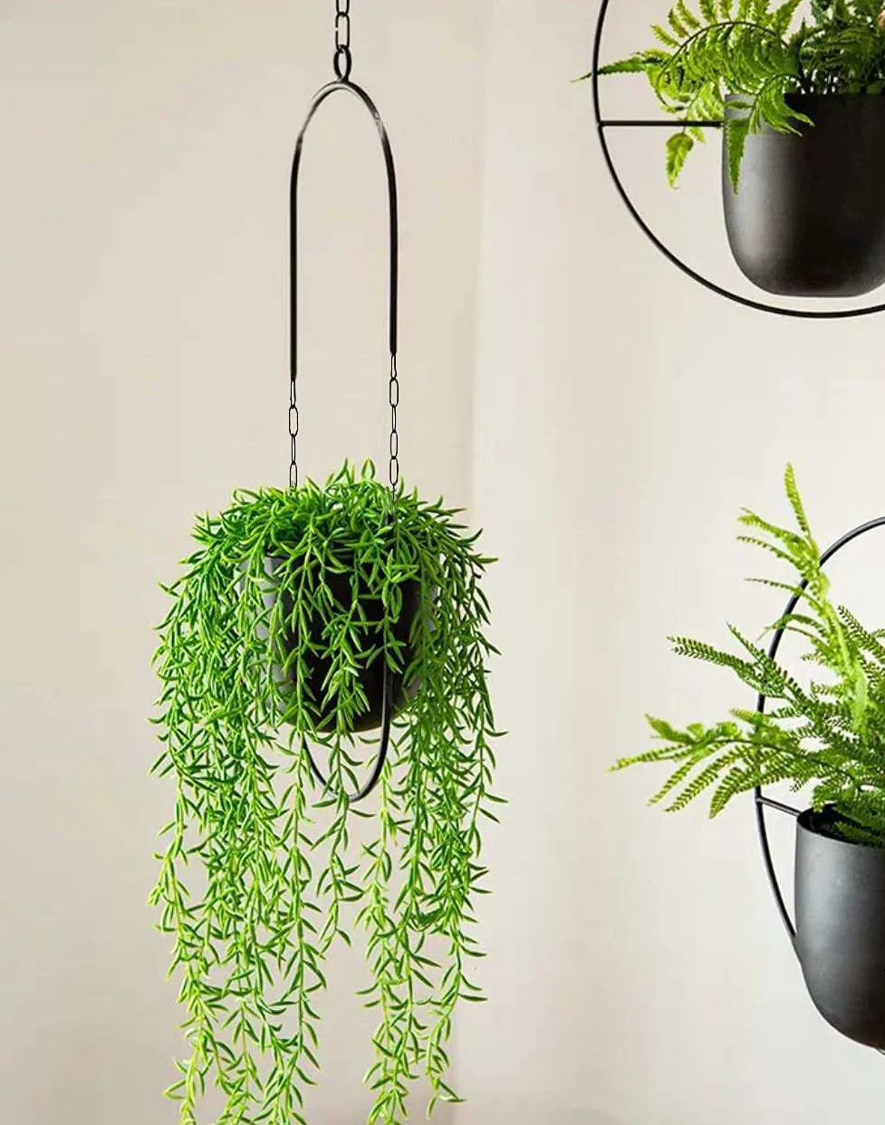 Decoración colgante para macetas, cesta de metal estilo boho, cesta colgante para plantas de interior, suculentas, plantas de aire, cactus (negro)