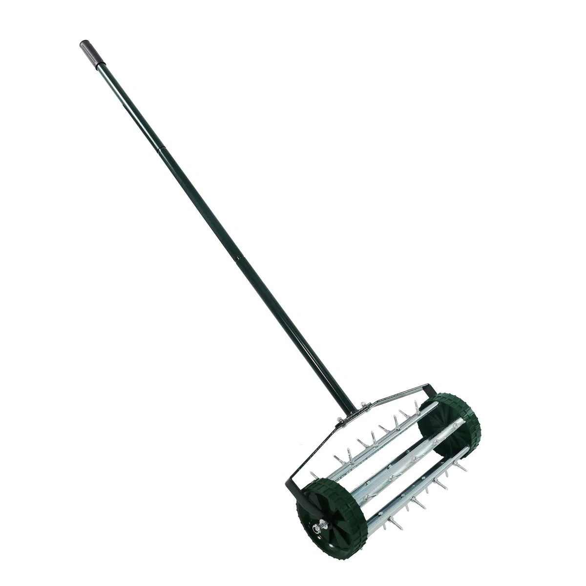 Aireador manual de césped rodante, tambor de punta de 16 pulgadas de ancho con mango de 48 pulgadas, herramienta de jardín de acero resistente para aireación del suelo, verde