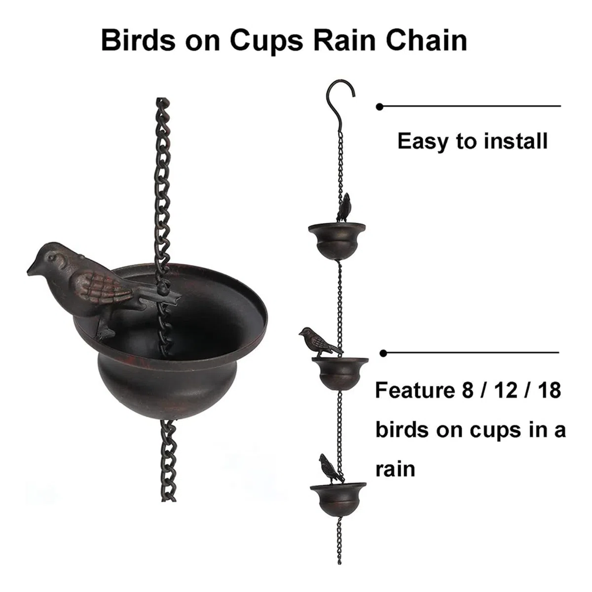 de Lluvia para Canaletas PáJaros MóViles en Tazas Campanas de Lluvia Campanas de Lluvia de 7.8 Pies con Colgador Adjunto y PáJaros