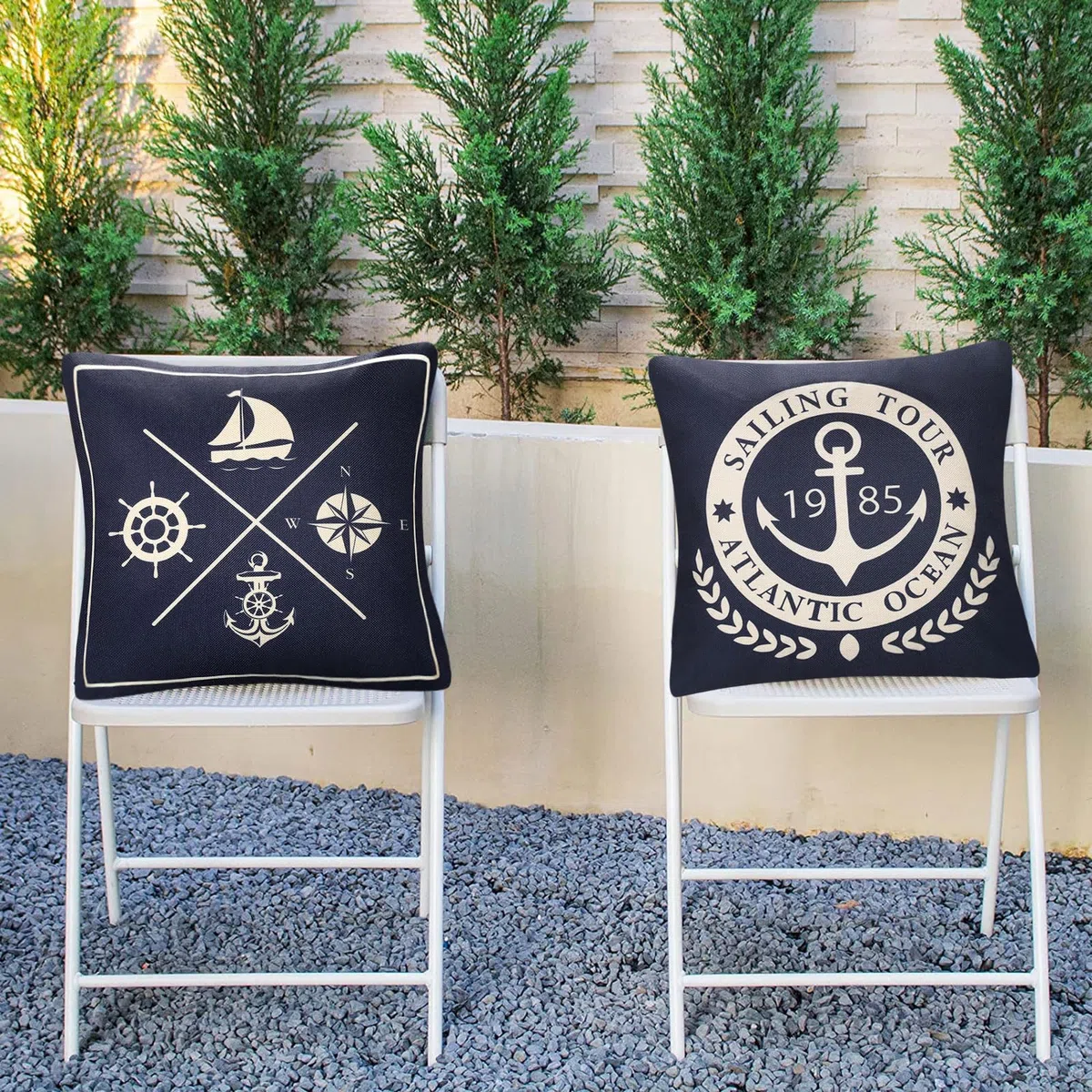 Serento Funda Cojines Exterior Impermeable Fundas de Cojín Náutico Ancla Fundas de Almohada Cuadradas de Lino Decorativas para Sofá Patio Decoración Interior al Aire Libre, 45 cm x 45 cm