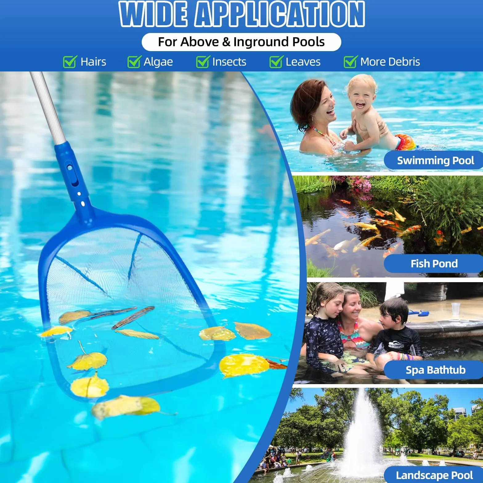 USHOP Recogehojas para Piscinas,Red para Skimmer para Piscinas,Kit Limpieza Piscina,Recoge Hojas para Piscina,Aluminio Red Fina y Profunda para Limpiar Hojas Flotantes Insectos y Escombros