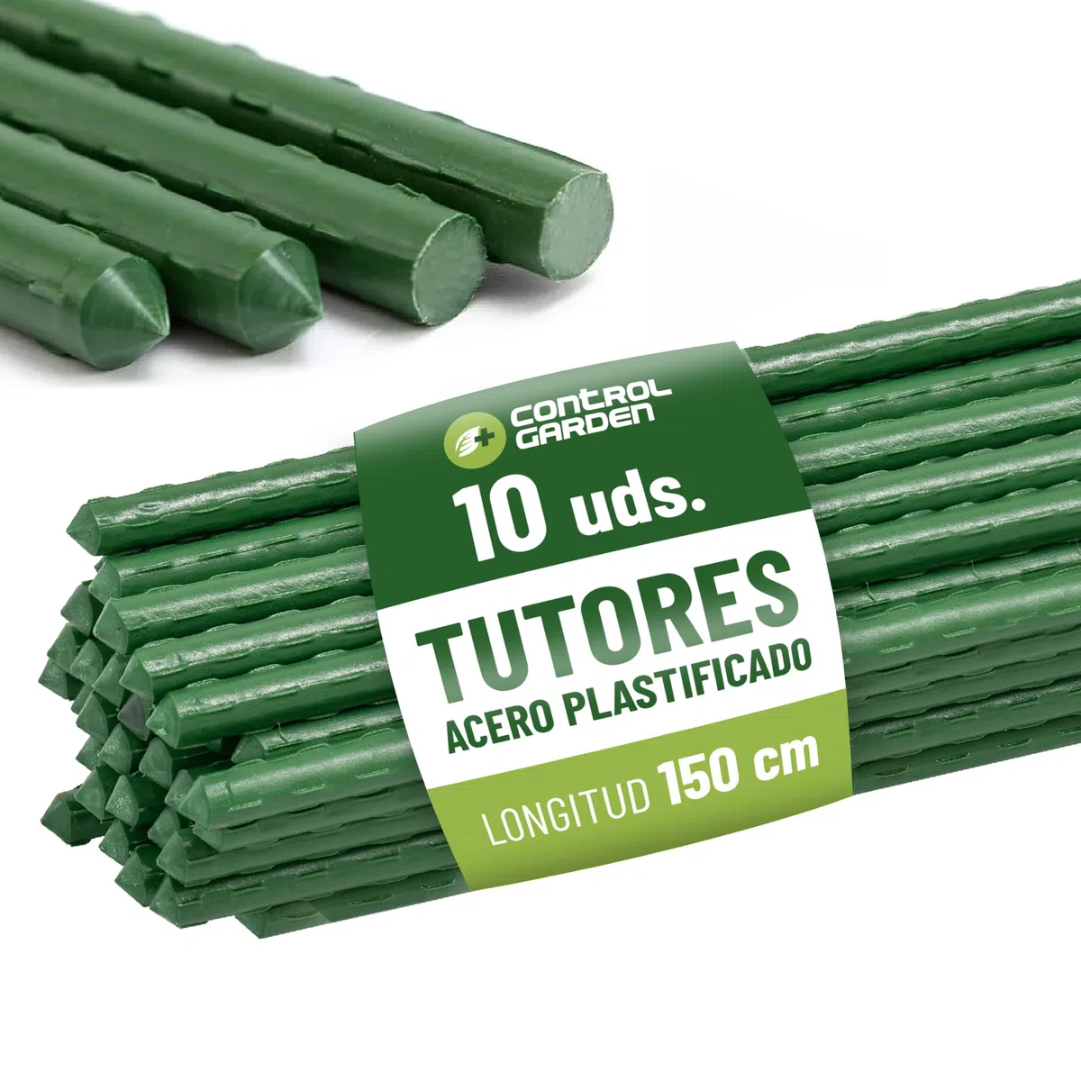 CONTROL GARDEN Pack 10 Tutores de Acero Plastificado para Plantas 150cm Ø 9 mm | Varillas Crecimiento Plantas | Soporte Cultivos Apto Interior y Exterior