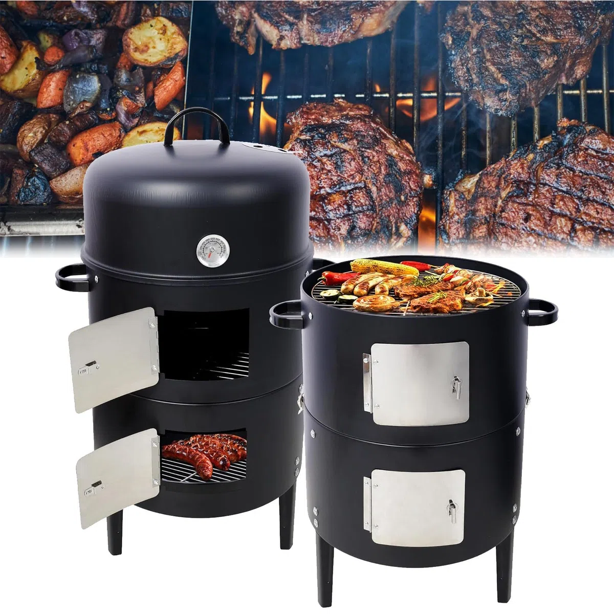 Parrilla portátil de acero para ahumar, ahumador de barbacoa 3 en 1 con termómetro, bandeja de goteo de aceite, diseño vertical sin humo para un calor uniforme, ideal para cocinar al aire libre y
