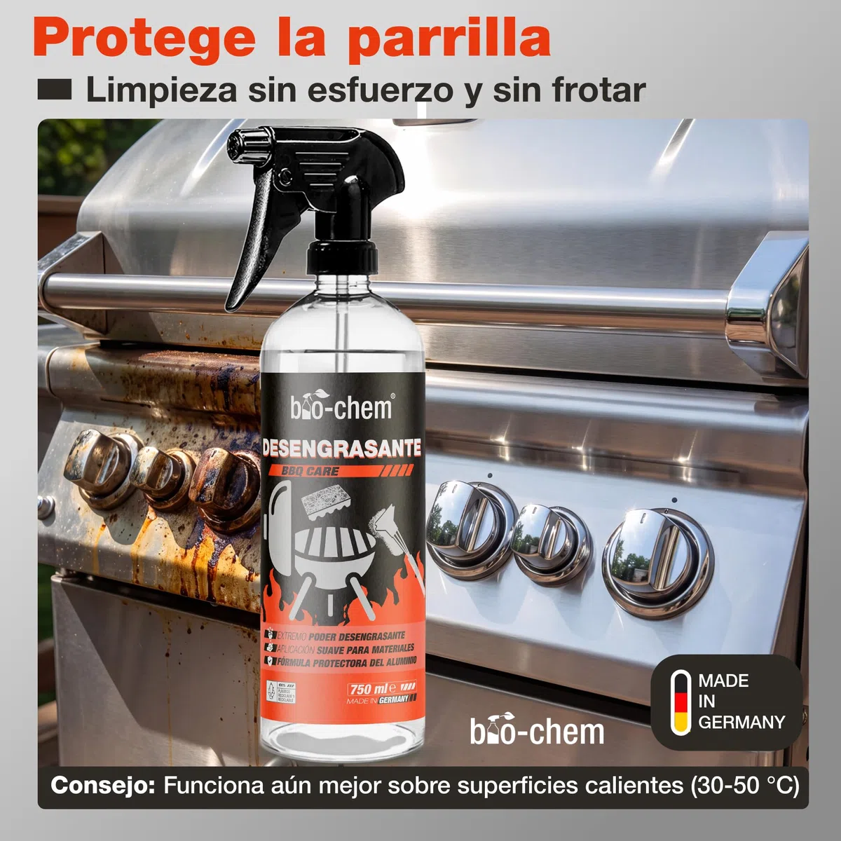 Bio-Chem - Limpiador para barbacoas 750ml - Spray para barbacoas Listo para Usar,iIdeal para el Verano - Limpiador desengrasante para Parrillas de Barbacoa
