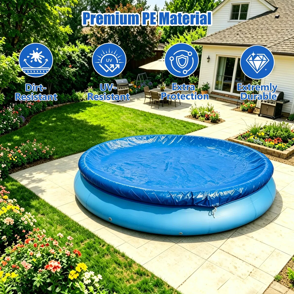 Cobertor Piscina Redonda, Cubierta de Piscina Redonda, Lona Cubre Piscina per Verano y Invierno, Fundas para Piscinas Plegable, Funda Piscina, UV-Resistente, Resistente al Agua al Polvo