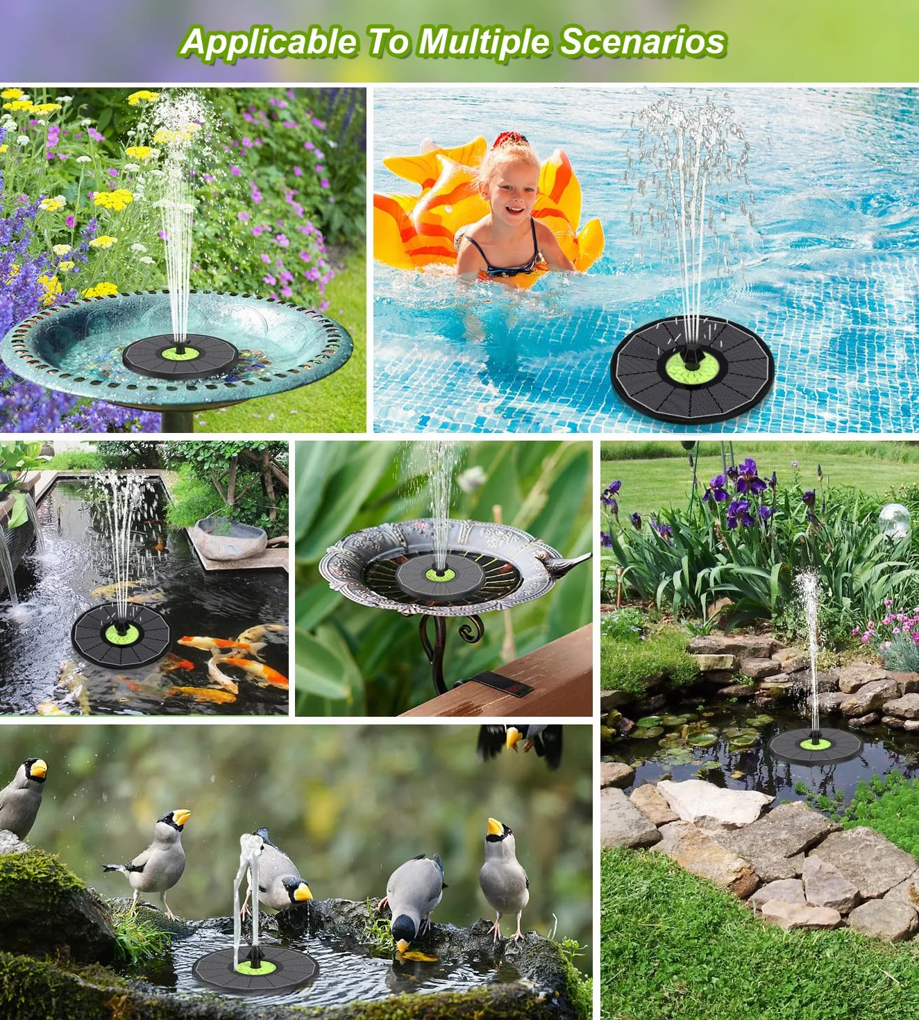 SZMP Fuente Solar 3.5W, Bomba de Agua Solar Vidrio con 7 Boquillas & 4 Fijadores Fuente para Estanque para Jardín, Estanque, Exterior, Baño de Pájaros, Recipiente para Peces (Negro)