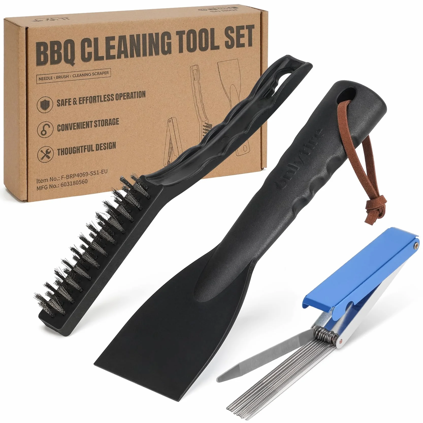 Onlyfire Kit de Limpieza BBQ 3 Piezas, Incluye Raspador de Plástico, Cepillo de Alambre y Agujas de Acero Inoxidable para Eliminar Óxido y Atascos, Kit Limpieza Parrilla con Orificio para Colgar