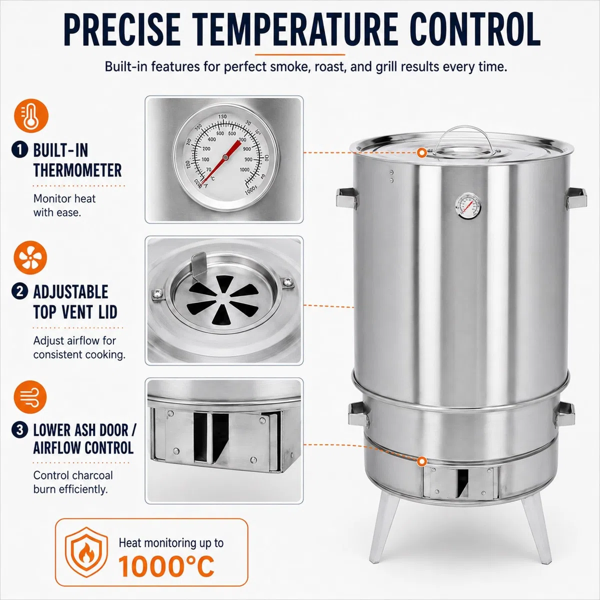 Horno Vertical Ahumador Acero Inoxidable 50cm Diámetro 85cm Altura Barbacoa Carbón con Termómetro y Accesorios para Camping Patio